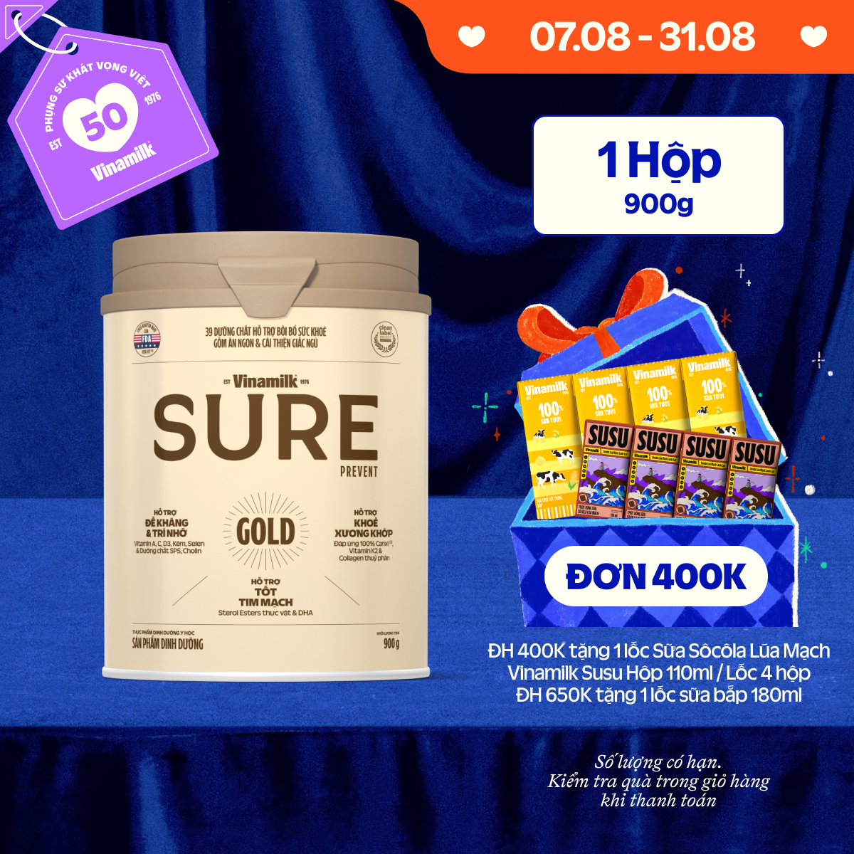 Sữa bột cho người lớn tuổi Vinamilk Sure Prevent 900g (Hộp thiếc) - bổ sung dinh dưỡng và tăng cường sức khỏe
