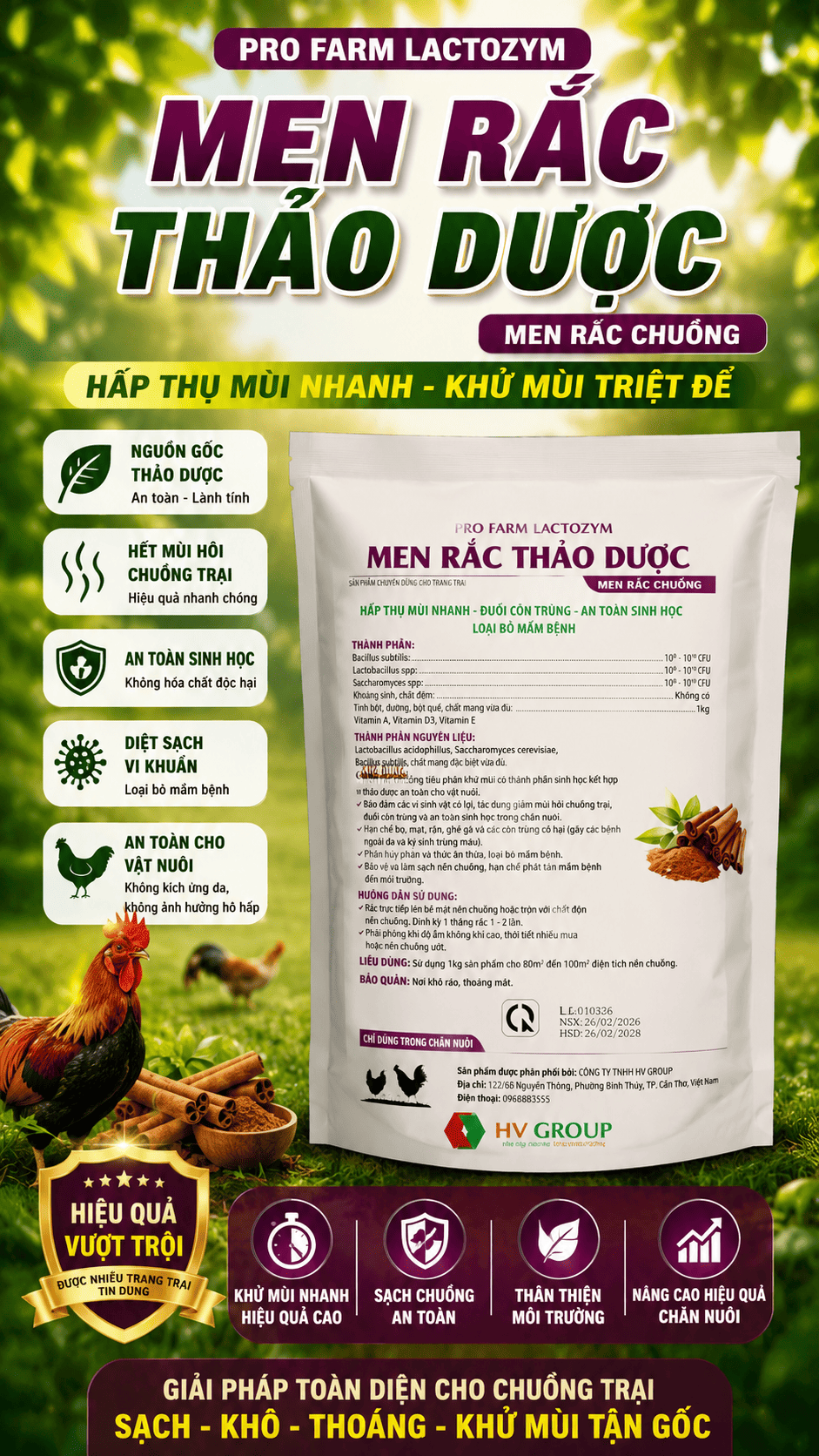 Men rải chuồng AQUA CLEAN hỗ trợ giảm mùi hôi hút ẩm giữ chuồng nuôi gà luôn khô thoáng túi 1kg