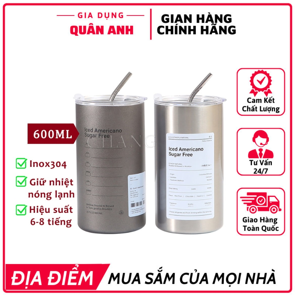 Ly Cốc Giữ Nhiệt Inox 304 - Ly Giữ Nhiệt Thể Thao Ice Americano 600ml Kèm Ống Hút Inox