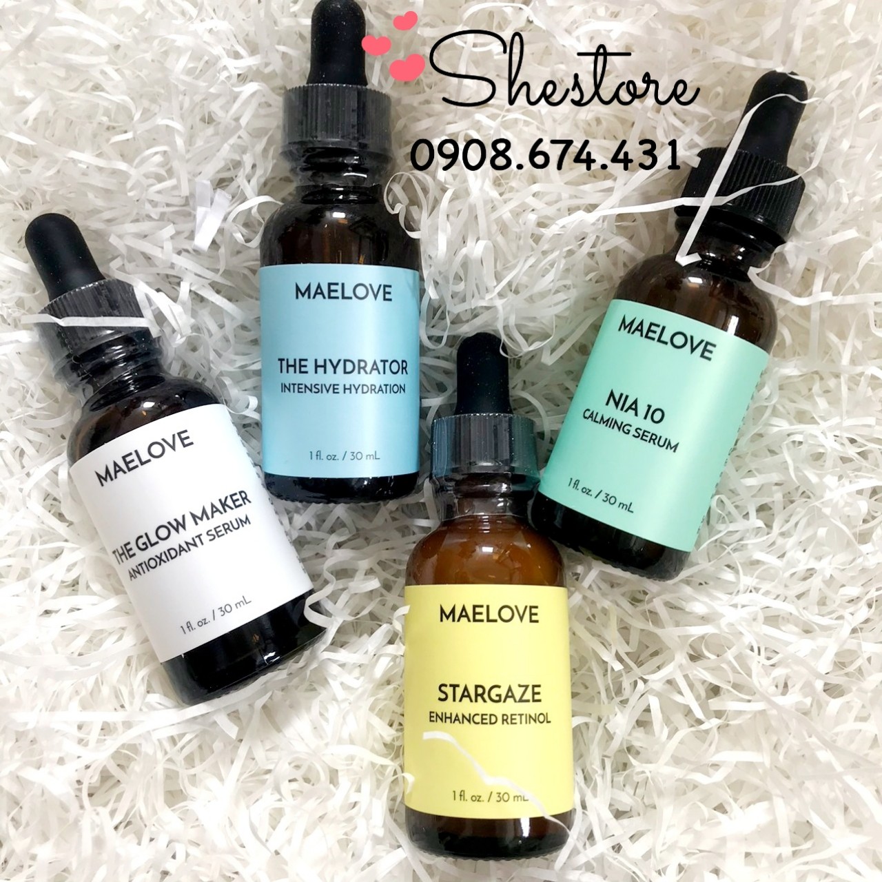 Tinh chất dưỡng da Maelove: Glow maker (vitCEF) - Nia 10 calming (B3) - Hydrator B5 gel - Stargaze Enhanced Retinol 30ml