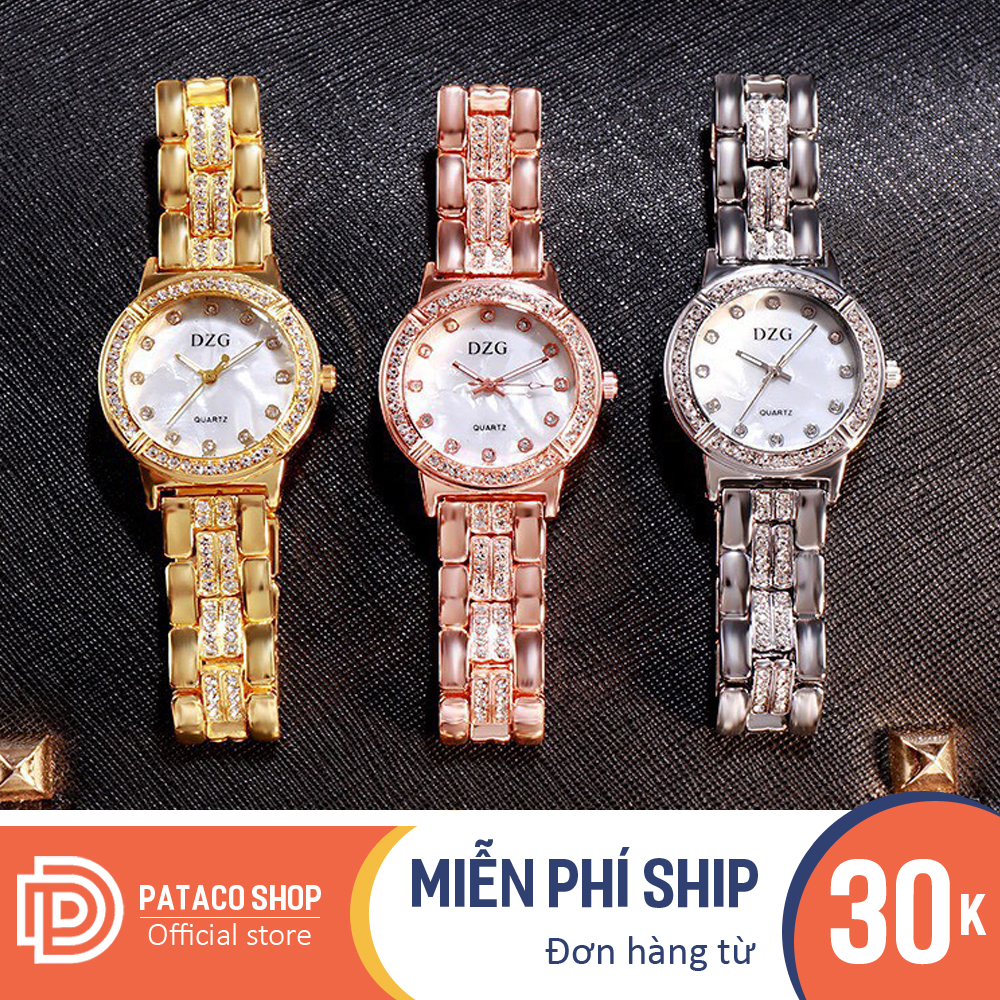 Đồng hồ thời trang nữ DZG D177 mặt tròn viền đính cườm siêu đẹp dây kim loại cao cấp