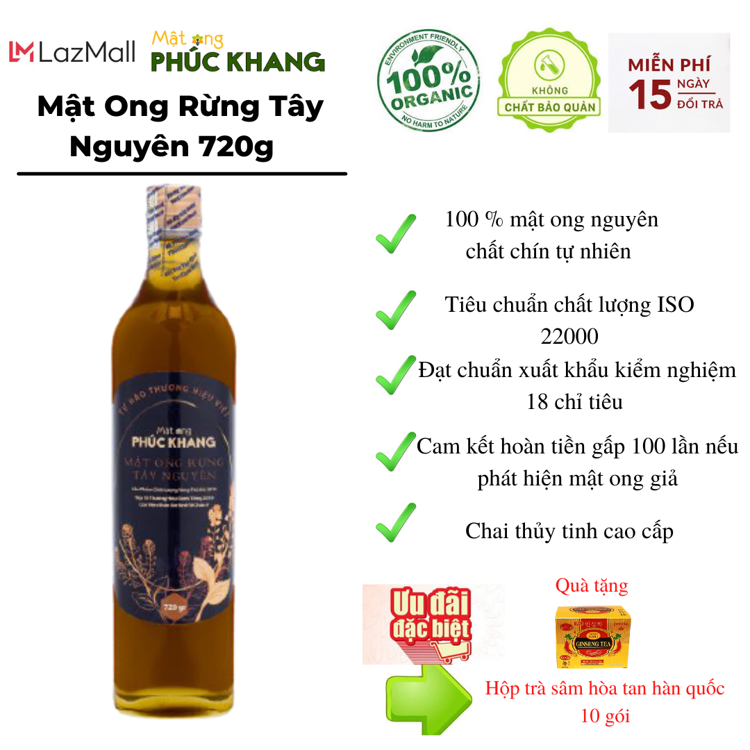 *Mật Ong Phúc Khang - Hoa Rừng Tây Nguyên Xuất Khẩu 720g -Thu hoạch tự nhiên - Nguyên chất 100% - Kiểm nghiệm đạt chuẩn xuất khẩu - Không nhiễm hóa chất , Kháng sinh , Kim loại nặng An toàn cho gia đình - Sản phẩm đạt ISO 22000