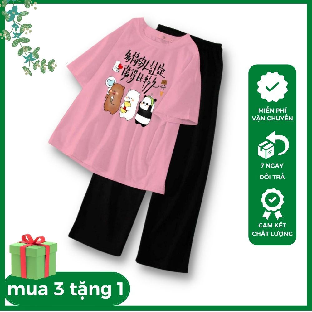 Sét bộ áo thun unisex 3 chú gấu chất cotton tay lỡ kèm quần ống rộng , sét bộ đi học , sét bộ đi chơi , sét bộ mặc nhà