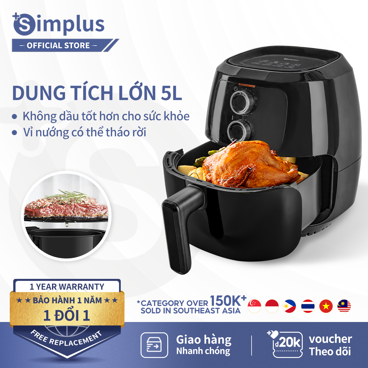 Nồi chiên không dầu Simplus dung tích 5L Vỉ nướng chống dính tháo rời, Nồi chiên đa chức năng KQZG008 - Bảo Hành Một Năm Một Đổi Một