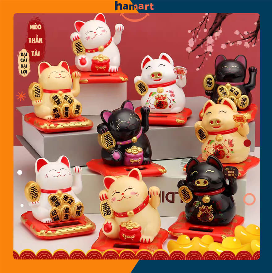Mèo Thần Tài Nhật Bản Mini Chiêu Tài Hút Lộc 2023 Mèo May Mắn Vẫy Tay Năng Lượng Tự Động 3 Màu