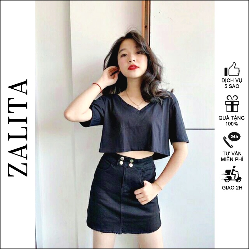 Áo croptop nữ cổ tim form rộng thun trơn mềm mịn zalita a006