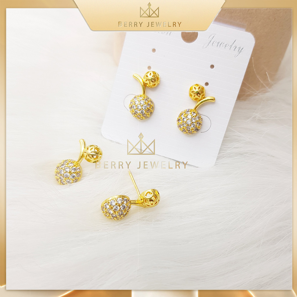 Bông tai nữ hình trái cherry đính đá bám sát mạ vàng 18k đính đá lấp lánh b30v3 | berry jewelry