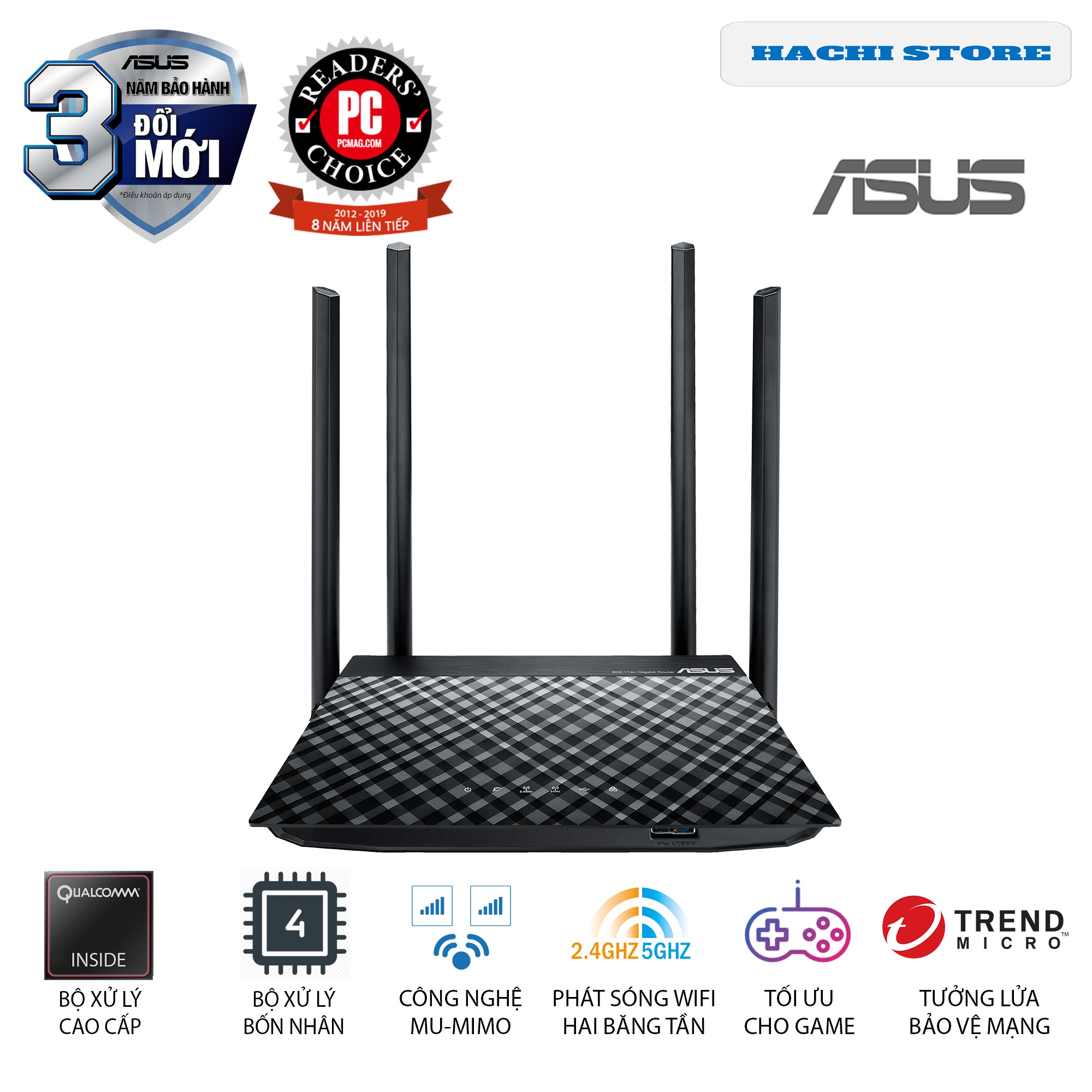 Bộ Phát Wifi xuyên tường ASUS RT-AC1300UHP công nghệ MU-MIMO, 2 băng tần,  AiProtection, USB 3.0 - Hàng phân phối chính hãng
