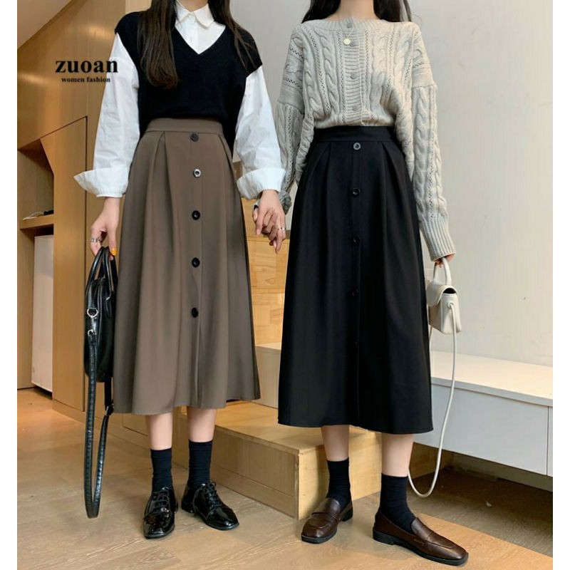 Chân váy midi dáng xòe 5 cúc siêu đẹp, chân váy midi dáng dài siêu hot