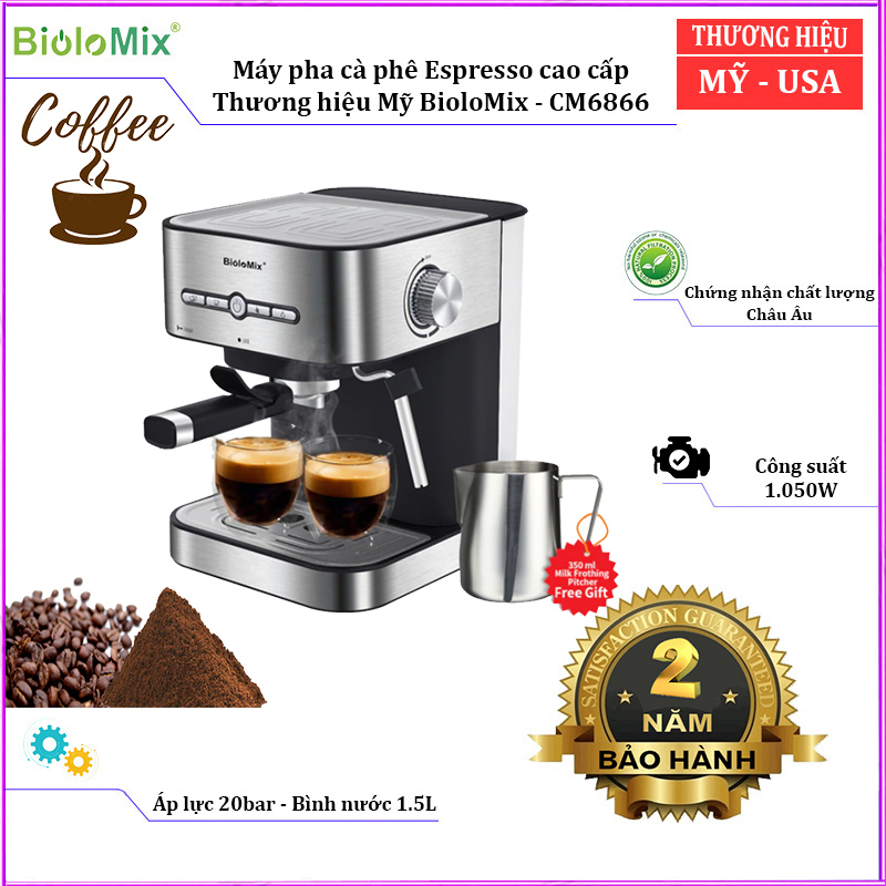 Máy pha cà phê Espresso thương hiệu BioloMix CM6866, áp suất lên đến 20 bar, dung tích chứa nước 1.5L - Bảo hành 12 tháng