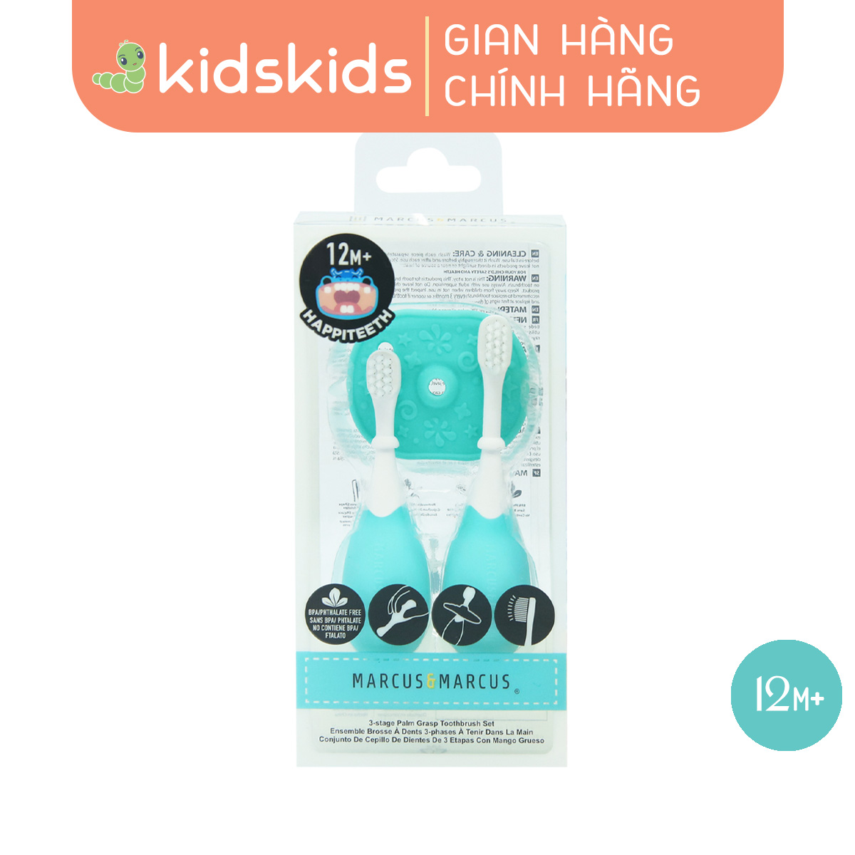 Bộ bàn chải tập đánh răng cho bé Palm Grasp Marcus & Marcus, từ 12 tháng - Xanh Dương