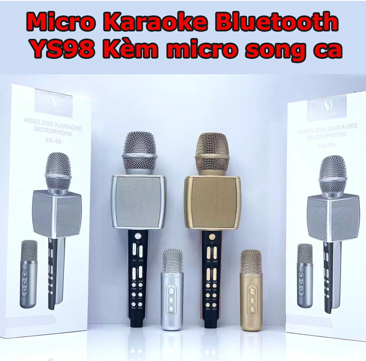 Micro Karaoke Bluetooth YS98 Song Ca Kèm Loa Không Dây Giả Giọng Nói -Kèm Micro Song Ca Chỉnh Echo Ngay Trên Mic-Tích Hợp Thay Đổi Giọng Nói,Chất Lượng Âm Thanh Đỉnh Cao, Bắt Giọng Cực Tốt, Dung Lượng Pin Khủng, Tặng Kèm Micro Song Ca