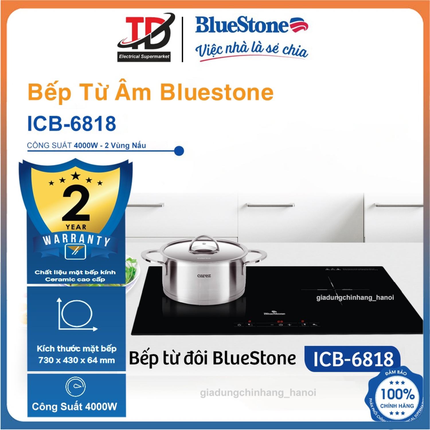 Bếp từ đôi lắp âm bluestone icb-6818, công suất 4000w, 2 vùng nấu, bảo hành tại nhà 2 năm