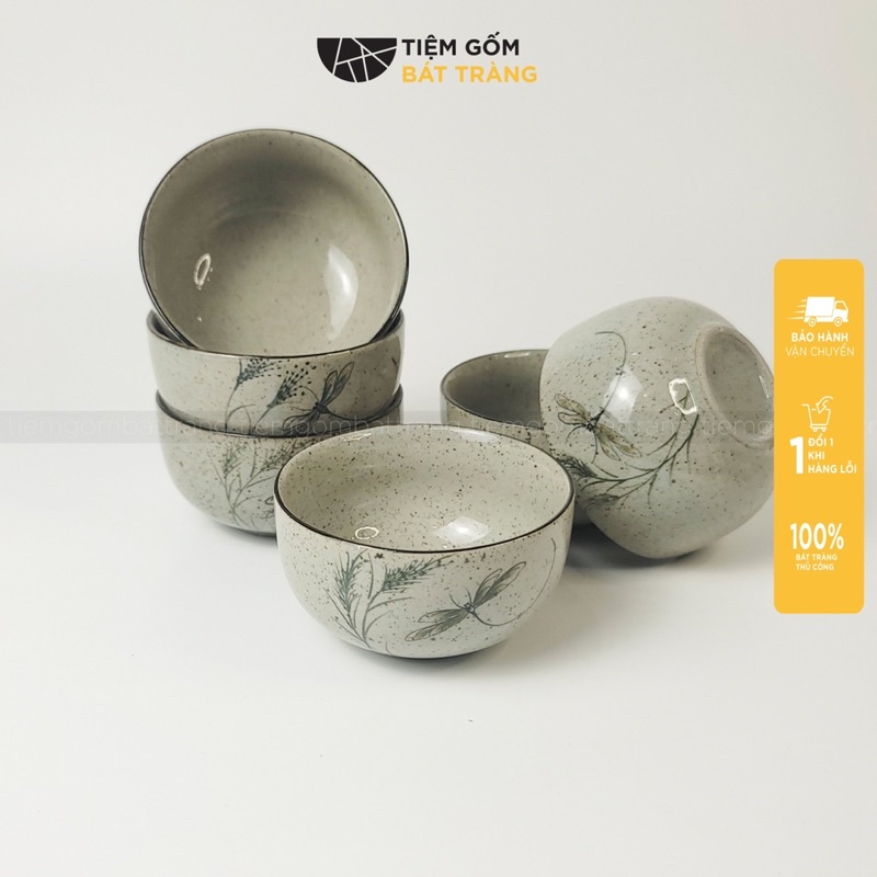 Tách set bát cơm chén bát đĩa sứ men tiêu hoạ tiết chuồn chuồn tô canh đĩa đựng thức ăn gốm sứ bát tràng cao cấp