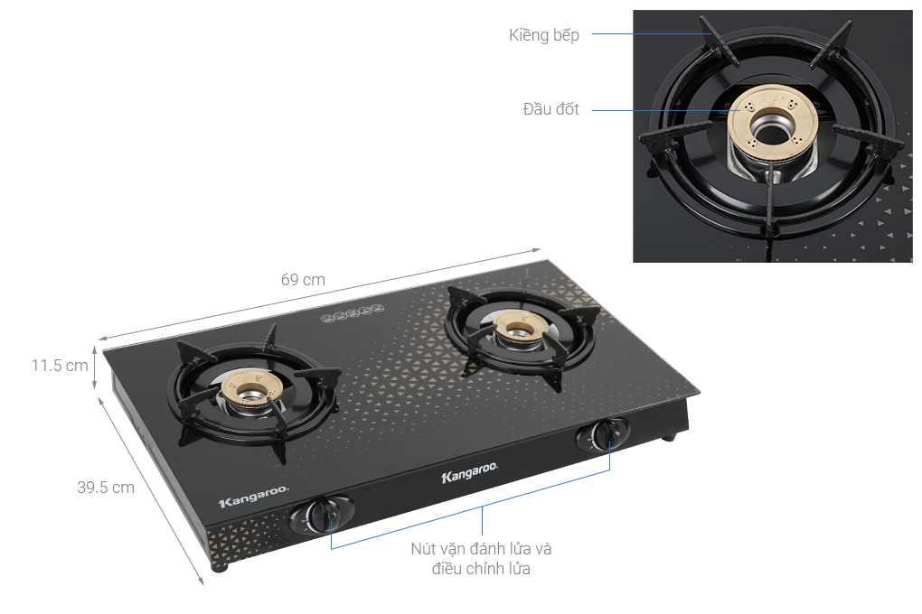 Bếp gas dương đôi Kangaroo KG8G1C - Mặt kính chịu lực - Hệ thống đánh lửa Magneto - Hàng chính hãng
