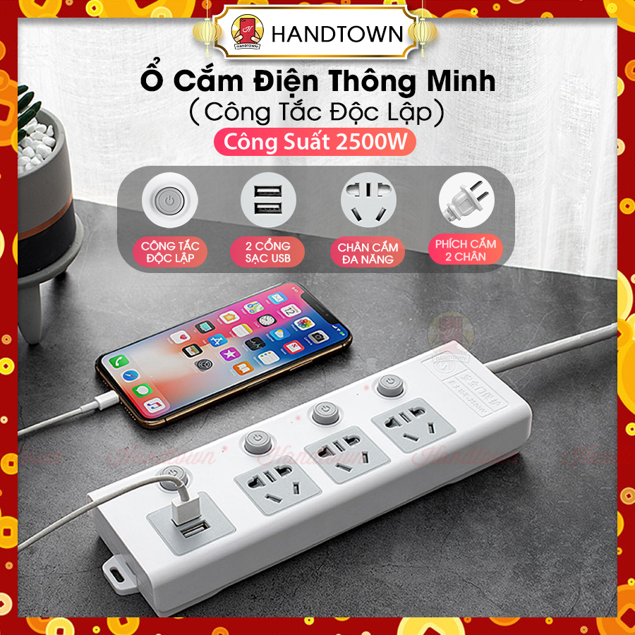 Ổ Cắm 4 Cổng Đa Năng 2500W Tích Hợp 2 Cổng USB Treo Tường Tiết Kiệm Điện Thông Minh, Tự Động Bật Tắt An Toàn Trẻ Nhỏ Dài 1.8m Dành Cho Phích Cắm 2 Chân Và 3 Chân Bảo Hành Chính Hãng Chất Lượng Cao