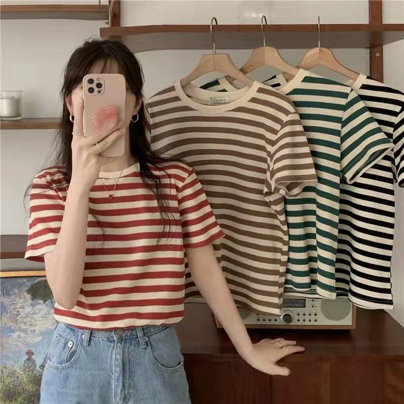Áo len kẻ cộc tay cho nữ chất đẹp phom chuẩn , áo len kẻ mỏng cộc tay, áo mongtoghi nữ cổ tròn basic ngắn tay