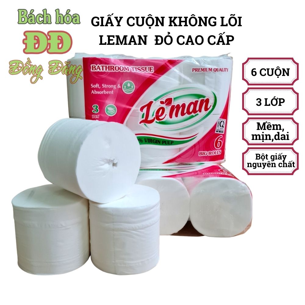 Giấy vệ sinh 3 lớp leman đỏ cao cấp không lõi - lốc 6 cuộn