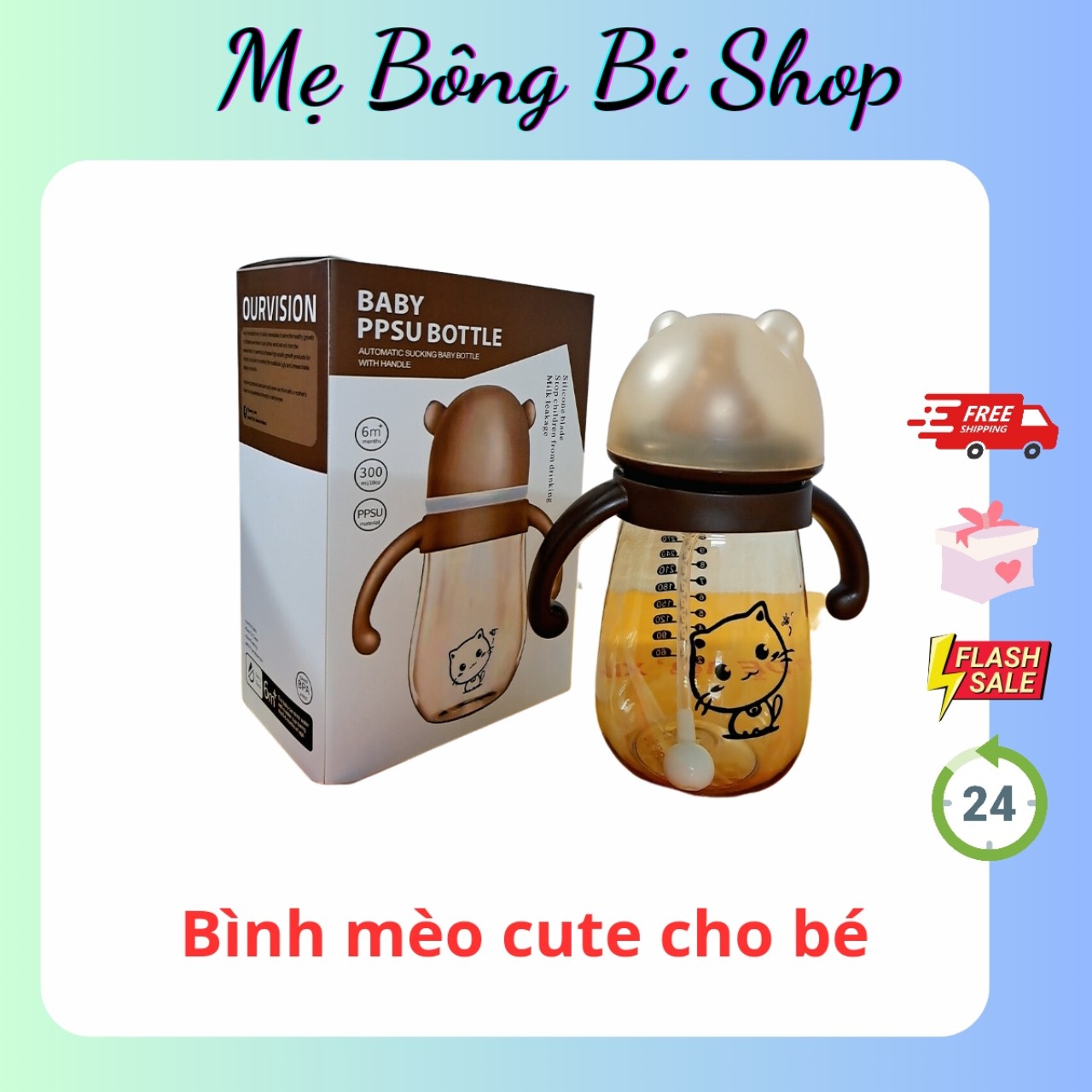 Bình sữa mèo cổ rộng chống sặc cho bé có núm ti
