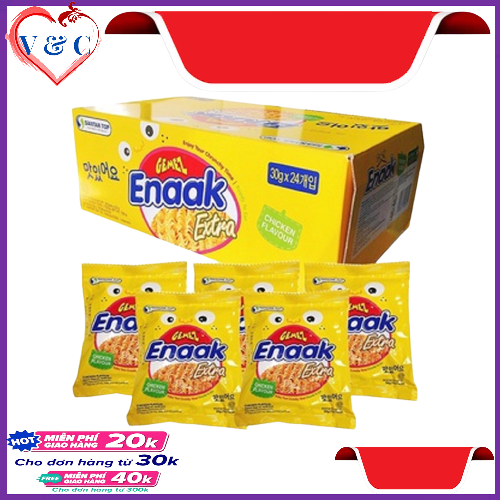 Mì ăn sống vị gà Enaak vị gà thùng 24 gói x 30gram/gói
