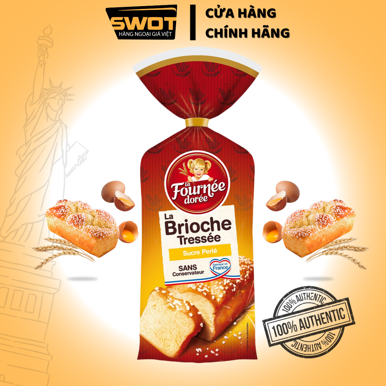 Bánh mì hoa cúc Pháp phủ đường La Fournee Doree Brioche Tressee Sucre Perle, Bánh mì hoa cúc túi 400g, dai, ngon, đậm vị