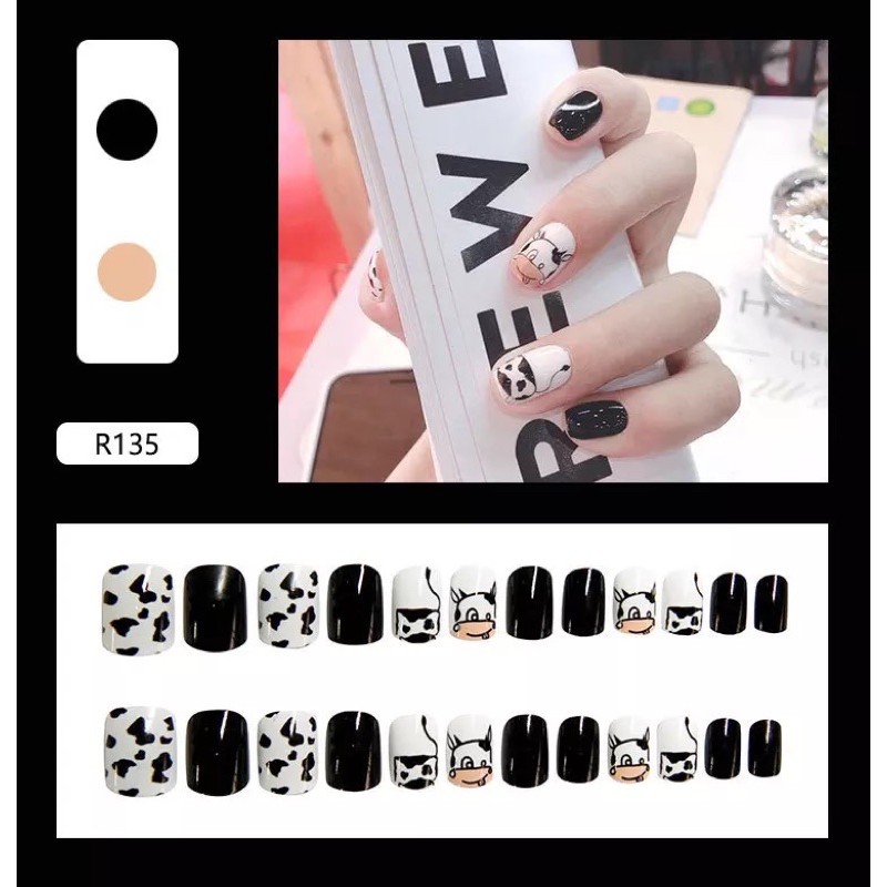 Móng Tay Bò Sữa LCR135 -Móng vuông, Nails 24 móng tay giả kèm keo, tự dán móng tại nhà trong 5 phút - Linh Cute Shop