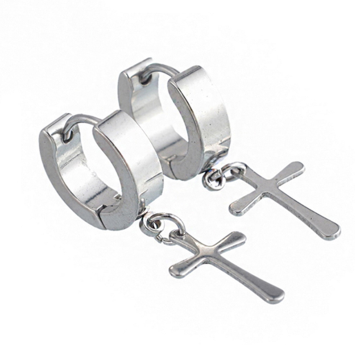 Bông tai nam inox kiểu khoen tròn tòn ten phụ kiện hình thánh giá shopquare màu trắng thép không gỉ QRLTNA152
