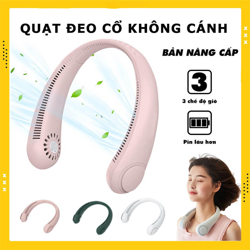 Quạt đeo cổ mini không cánh tích điện pin trâu 4000mAh, quạt đeo cổ không cánh 3 cấp độ, quạt treo cổ phong cách thời trang