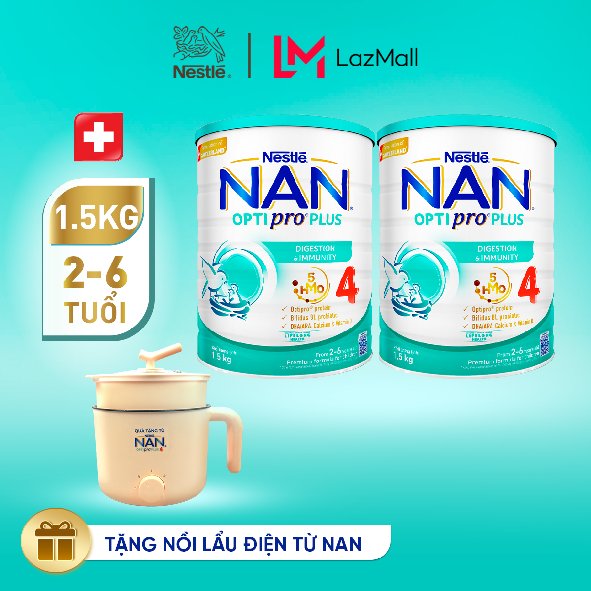 [Tặng Nồi lẩu điện] Bộ 2 lon Sữa bột Nestlé NAN OPTIPRO PLUS 4 1500g/lon với 5HMO Giúp tiêu hóa tốt cho bé từ 2 - 6 tuổi Sữa công thức dinh dưỡng cho trẻ giúp hỗ trợ tiêu hóa, đề kháng, trí não và phát triển toàn