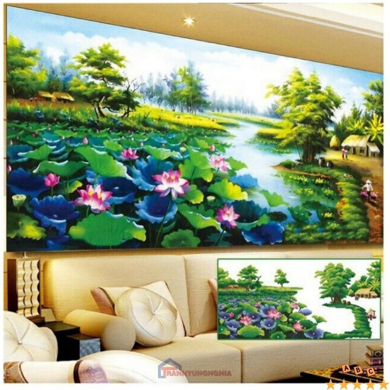 Tranh đính đá, tranh thêu chữ thập phong cảnh làng quê đầm sen