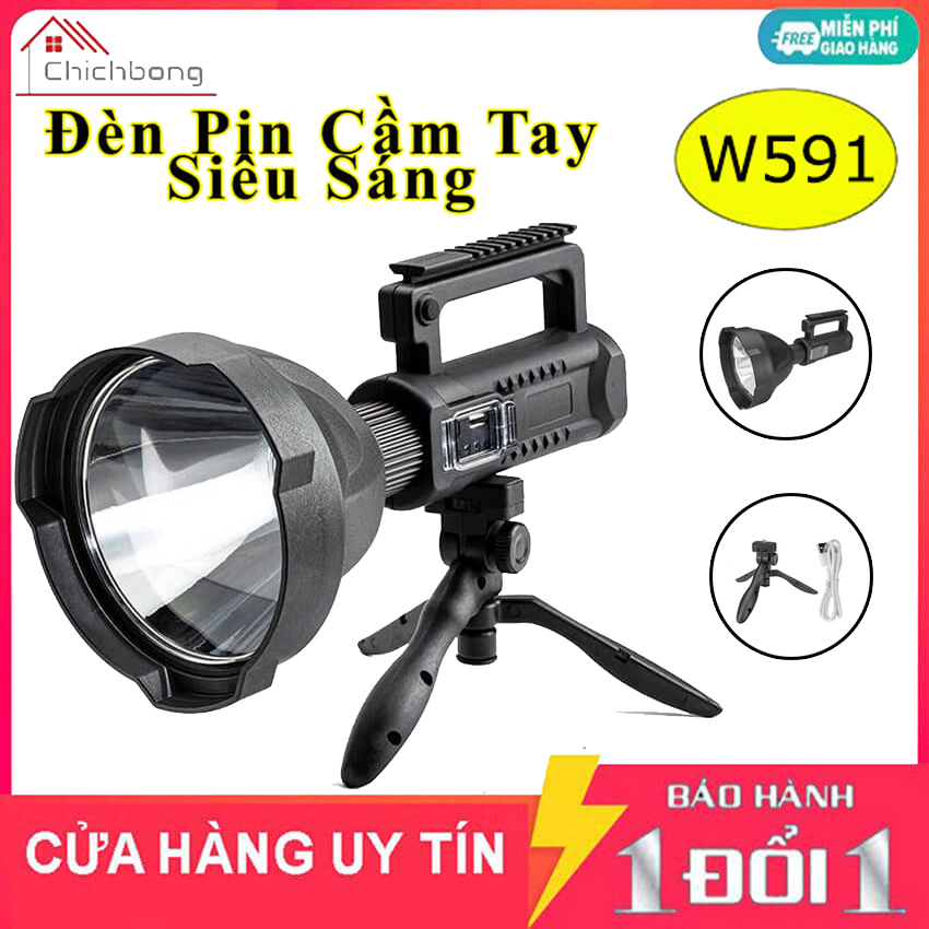 Đèn pin cầm tay siêu sáng W591 chiếu xa 1000m chống thấm nước có chân đế, Đèn pin tuần tra sạc điện 8000mAh, Đèn pin cắm trại dã ngoại, đèn pin câu cá siêu sáng công suất lớn
