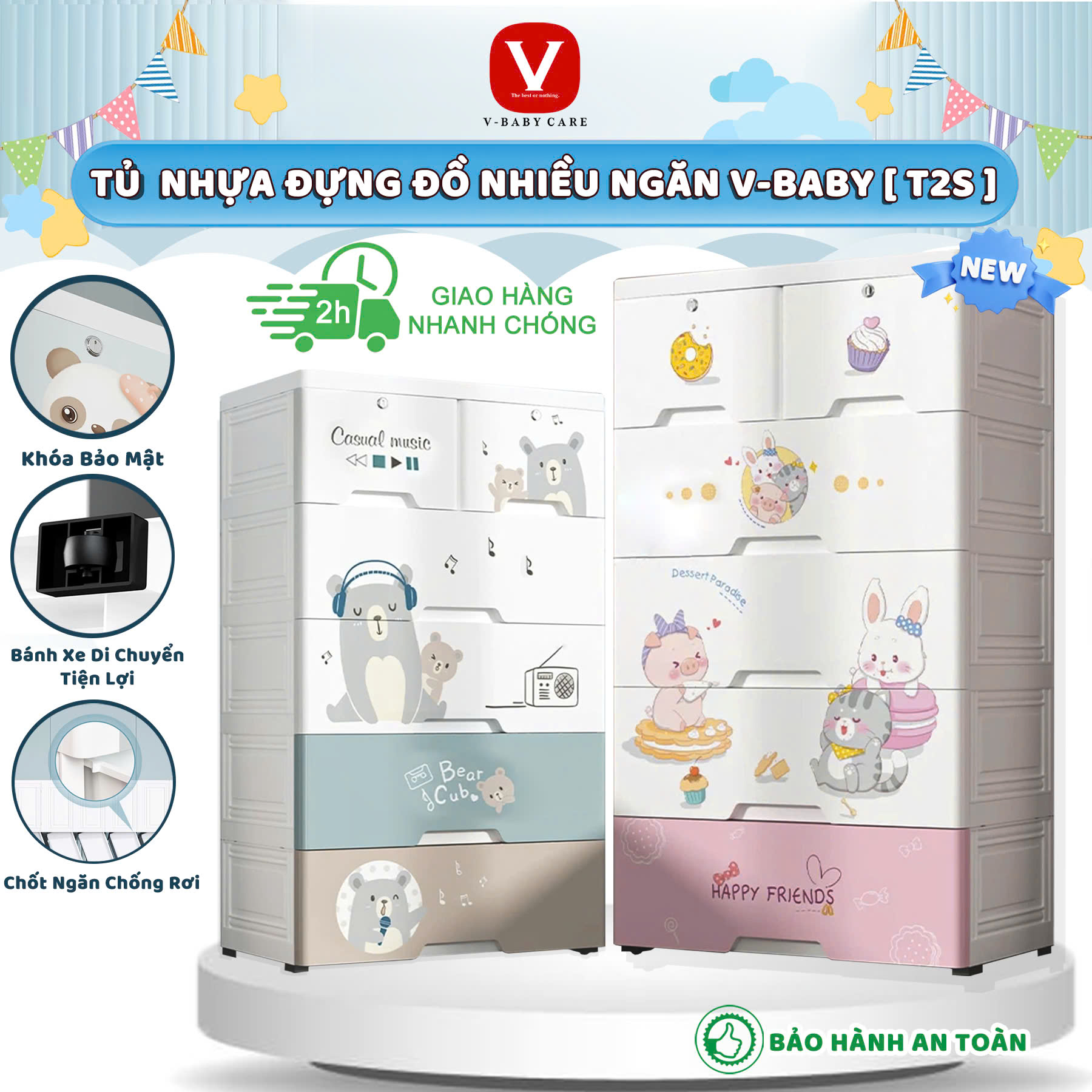 Tủ Đựng Đồ Cho Bé Tiện Lợi Xinh Xắn V-Baby T2 , Nhựa PP An Toàn, Chắc Chắn