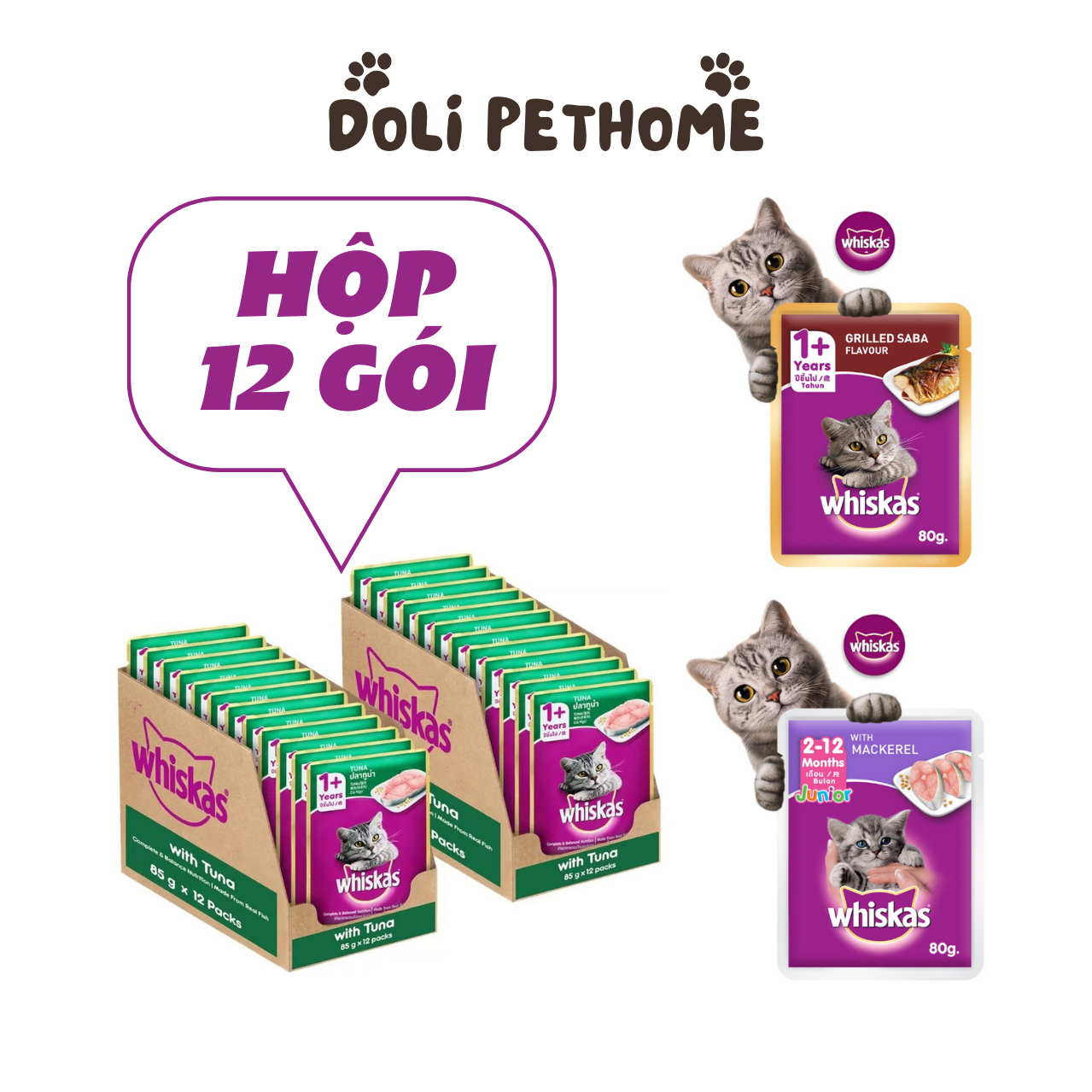 Hộp 12 Gói Pate mèo Whiskas, gói 80gram, Thức ăn cho mèo con, mèo trưởng thành Doli Pethome