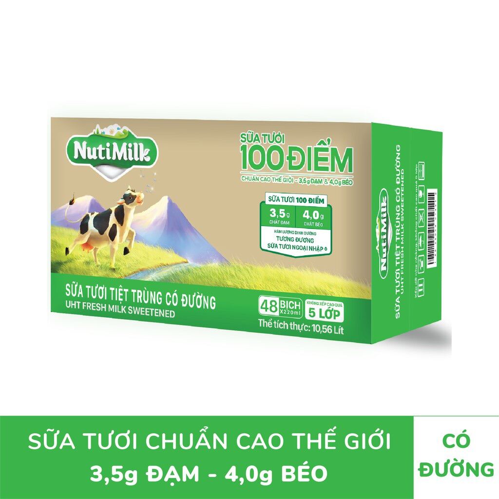 Thùng 48 bịch sữa tươi nutimilk 100 điểm có đường 180ml