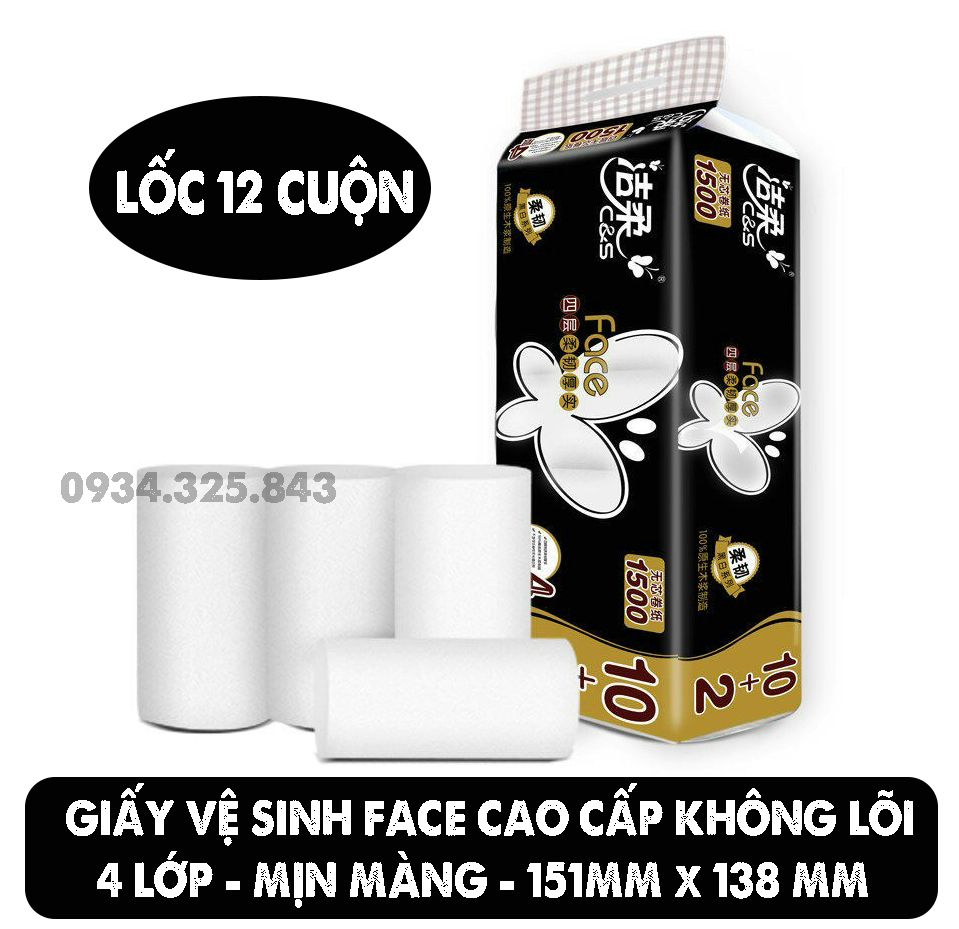 [GIAO HỎA TỐC]Lốc 12 cuộn giấy vệ sinh cao cấp Face không lõi - giấy 4 lớp siêu mịn