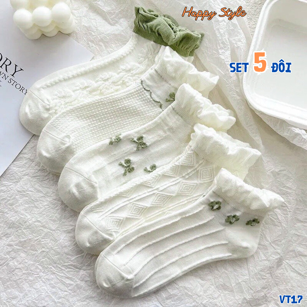 Tất vớ cổ ngắn sét 5 đôi tất chân nam nữ cổ bèo phong cách hàn quốc vt17 - happy style