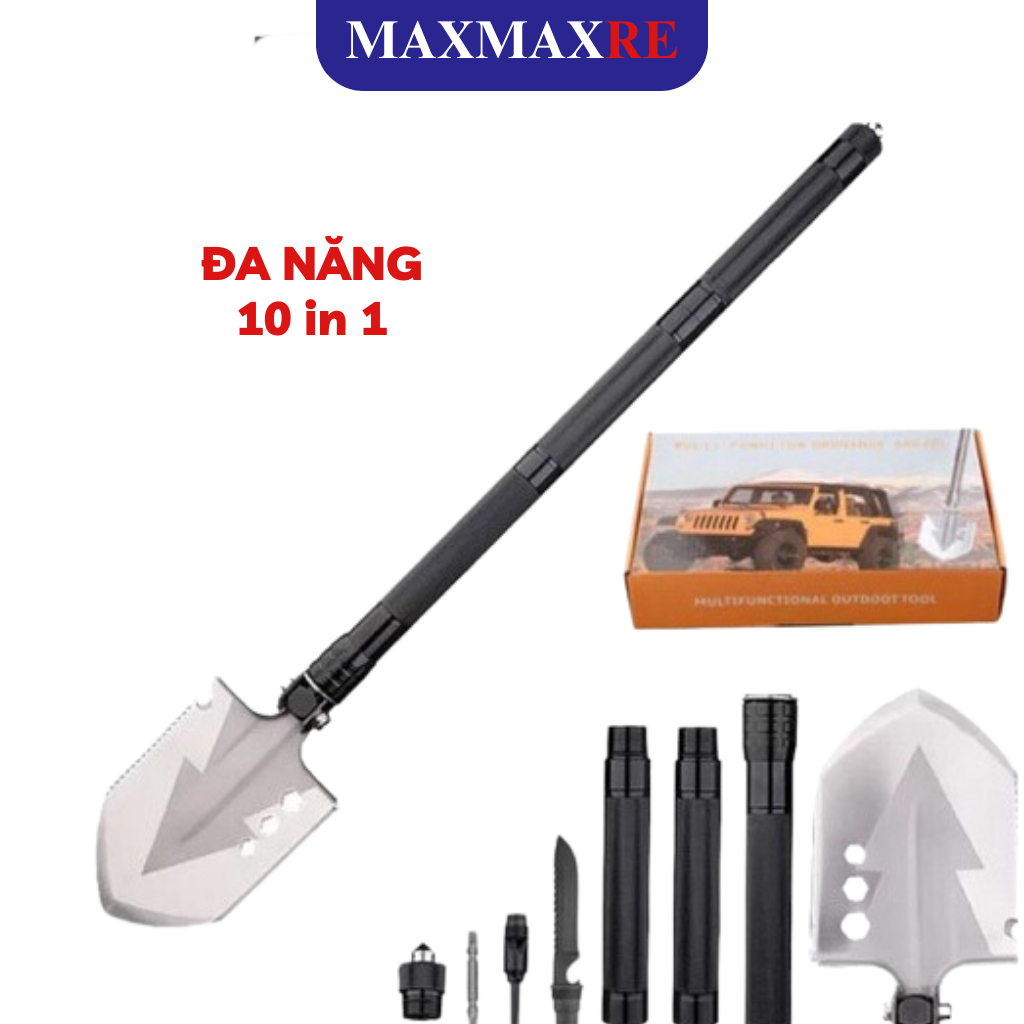 Xẻng quân dụng gấp gọn đa năng loại sịn không gỉ, bộ dụng cụ làm vườn thông minh ngoài trời