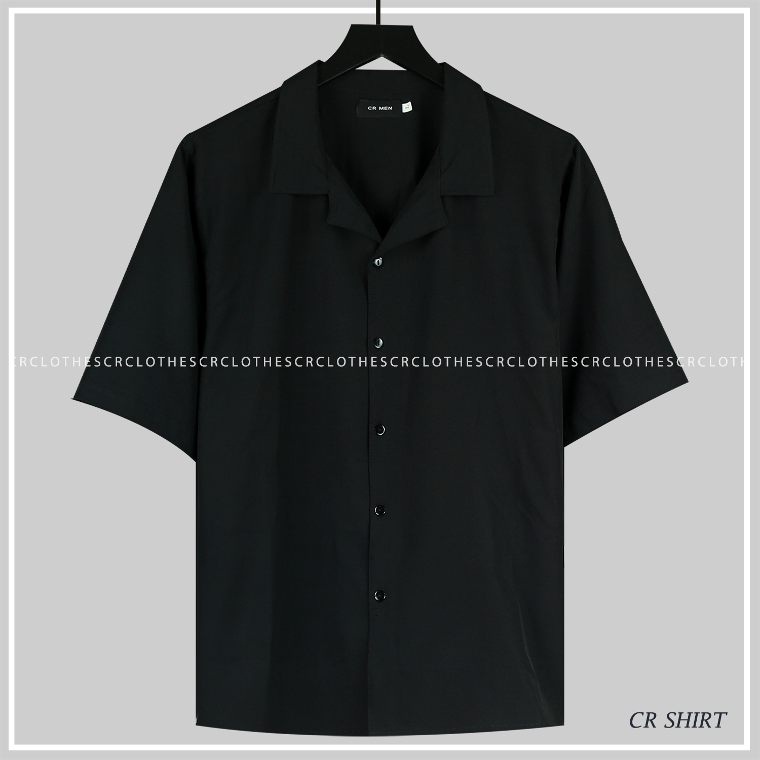 Áo sơ mi Đen CR MEN Cổ Vest ngắn tay form rộng unisex nam nữ vải lụa