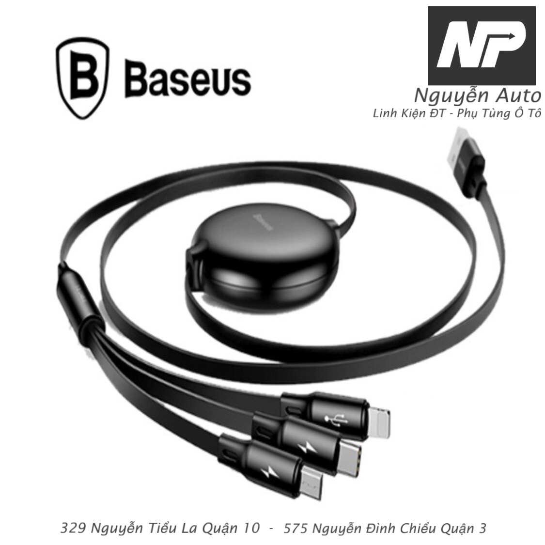 [HCM][HÀNG CHÍNH HÃNG BASEUS - BẢO HÀNH 6 THÁNG] - Cáp sạc đa năng Baseus 3in1 dây rút xài bền dây đẹp gọn gàng phong cách - Nguyễn Auto