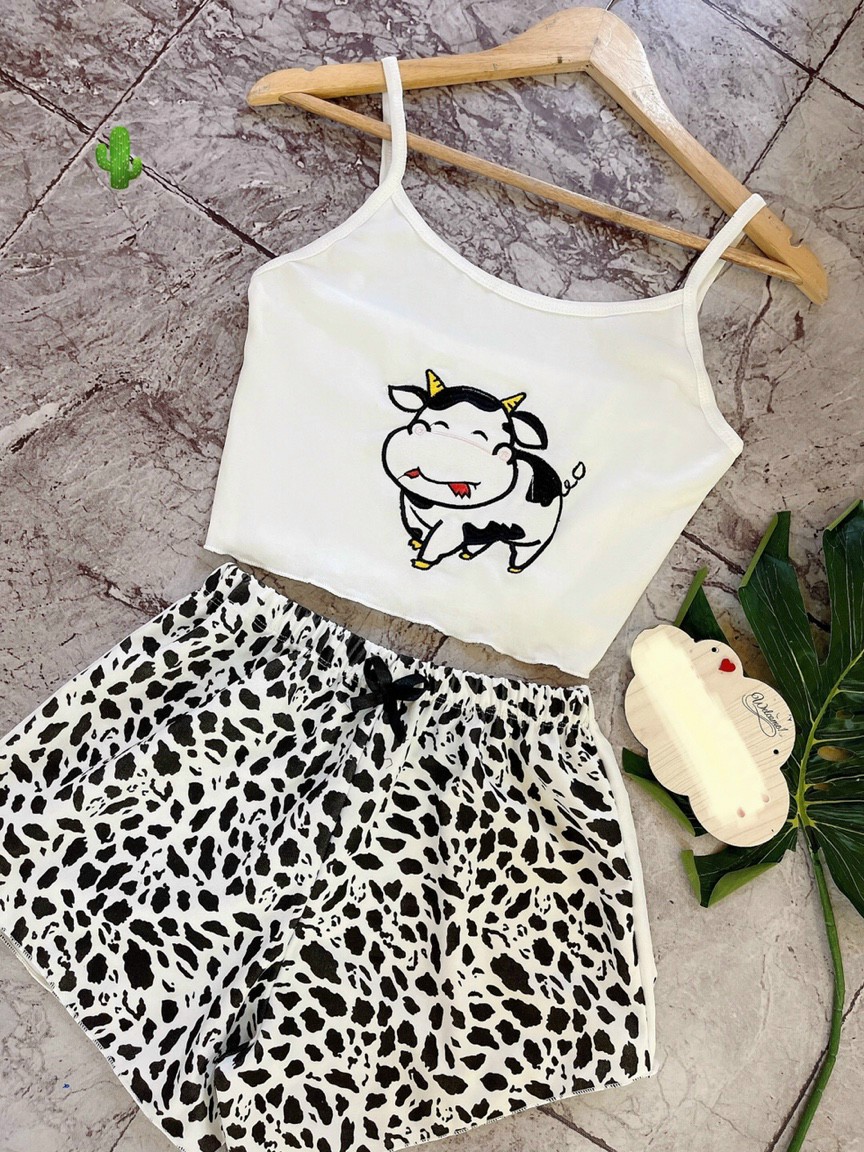 Set đồ bộ bò sữa áo dây thun borip co dãn thoải mái