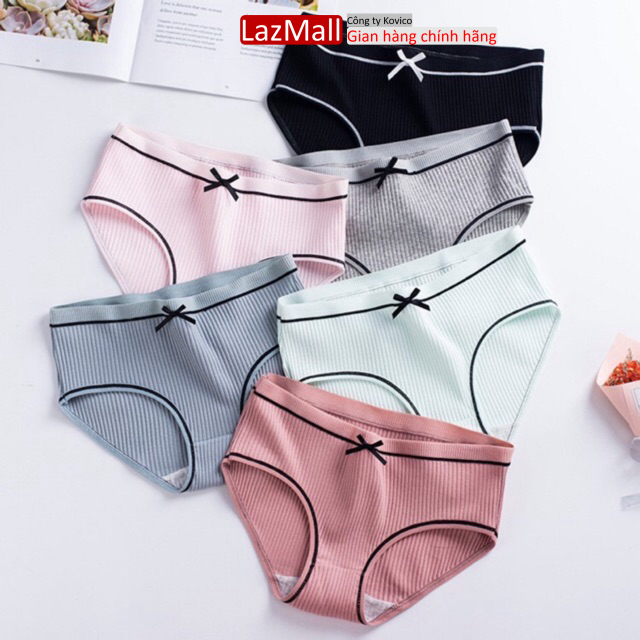 Combo 5 quần chip cotton tăm sọc, quần lót nữ cotton cạp nơ viền đen nhiều màu dễ thương