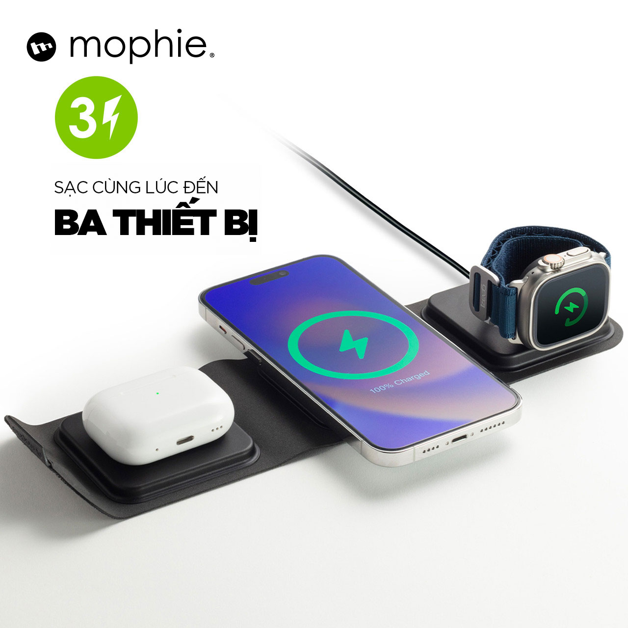 Đế sạc Mophie 3in1 travel - Sạc đa năng - sạc nhanh cùng lúc 3 thiết bị - bảo hành 2 năm 1 đổi 1 - phân phối chính hãng