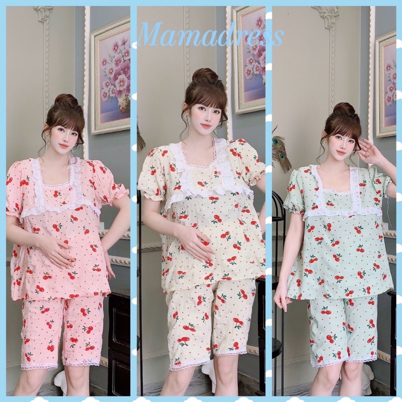 Bộ LỬNG bầu và sau sinh CÓ KHÓA CHO BÉ TI cổ REN TIM, ống tay CÁCH ĐIỆU chất ĐŨI HÀN mềm, NHẸ vaMÁT B03