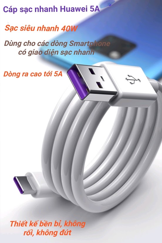 Cáp sạc nhanh type-c, micro usb, lightning 5a huawei p40 chính hãng 1 mét