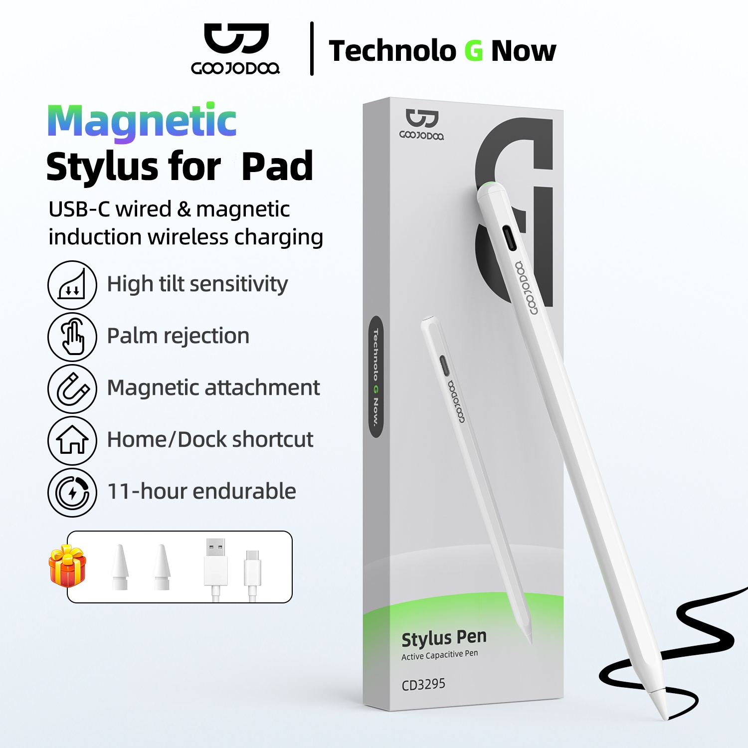 Bút cảm ứng Goojodoq GD15 mới 2025 sạc không dây từ tính có phím tắt và đèn báo để tránh chạm nhầm