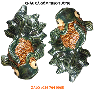 2 chậu cá gốm men xanh treo tường