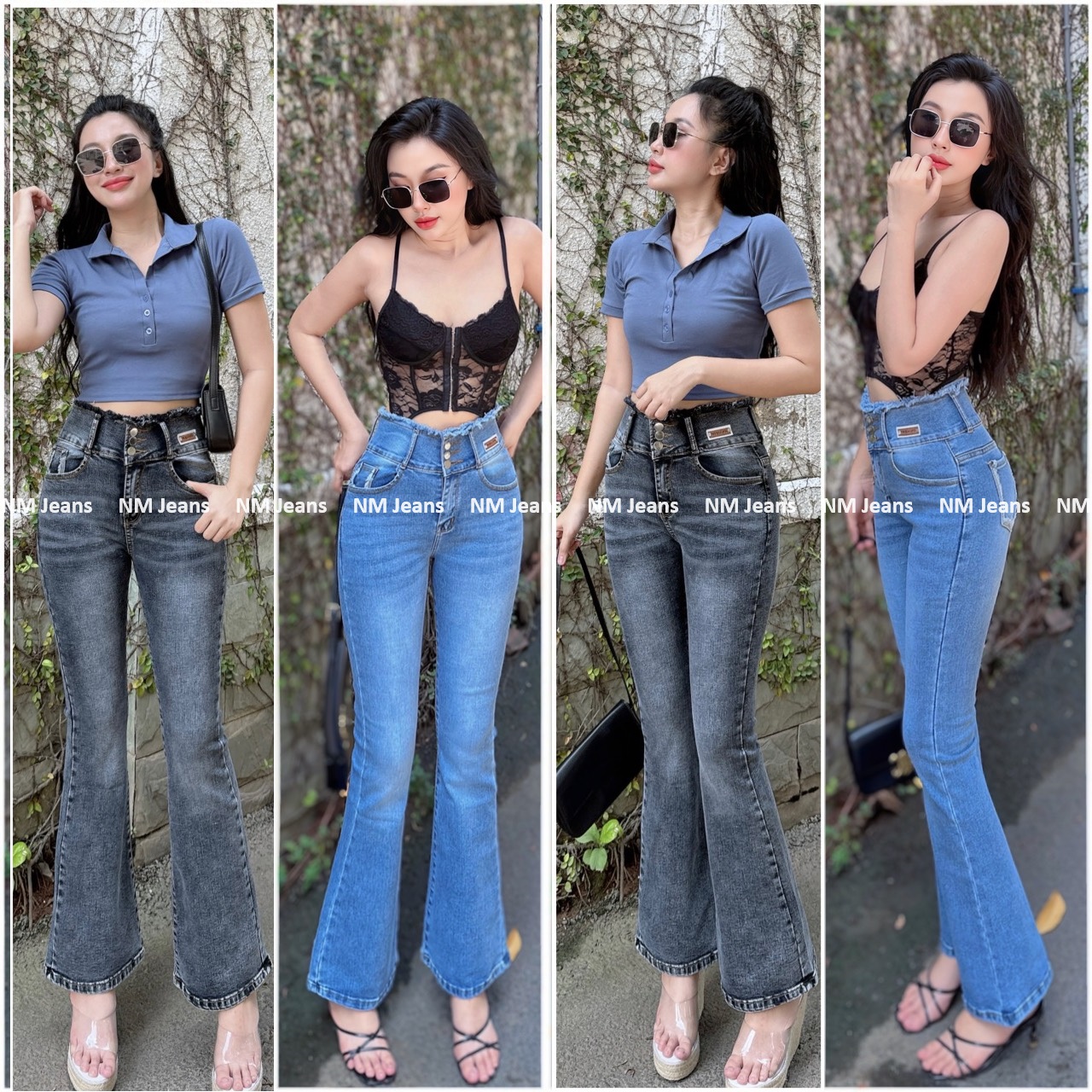 Quần jean nữ loe 3 nút tua túi có 2 màu