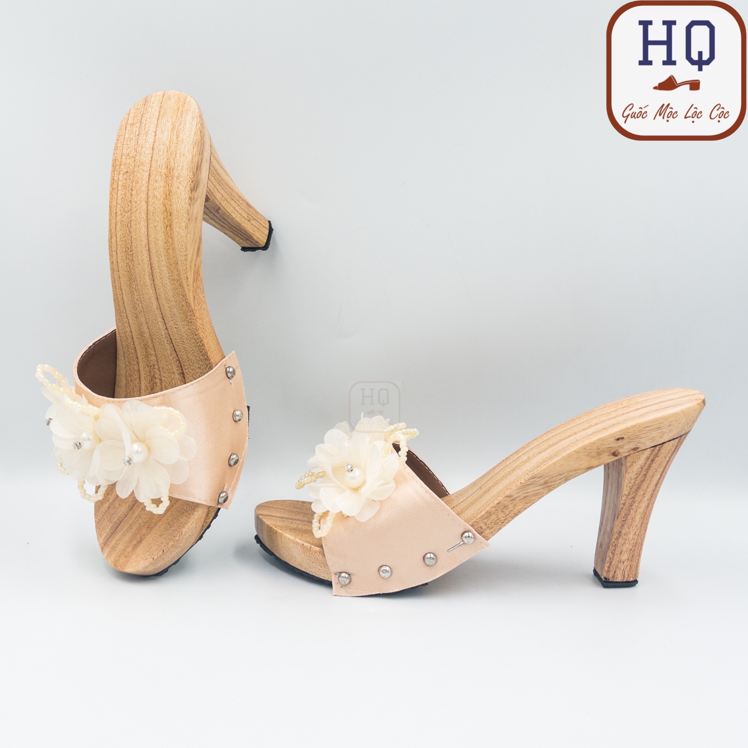  Guốc gỗ gót nhọn quai kết hoa Thủy Tiên dép nữ cao gót 6 phân 9 phân 12 phân guốc mộc cách tân mặc áo dài bà ba chụp hình 
