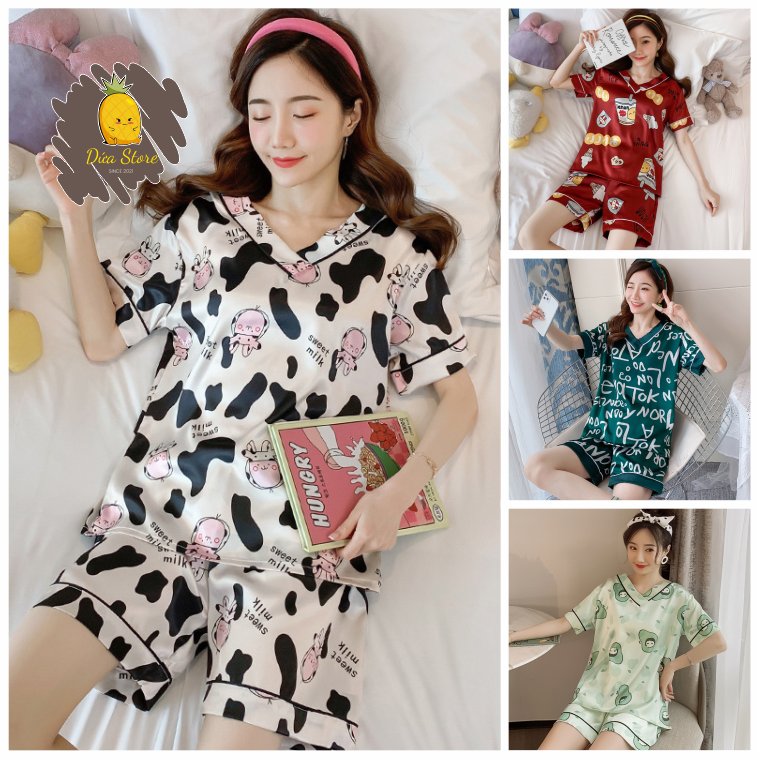 Pijama, pyjama đồ bộ mặc nhà, đồ ngủ lụa satin mặc mát, mềm, nhẹ họa tiết dễ thương