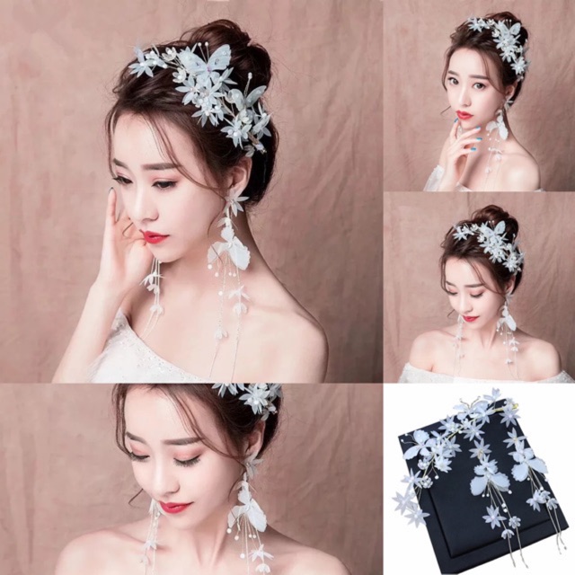 [HCM]Cài tóc cô dâu bộ kẹp tóc hoa voan bướm trắng đính hạt KHÔNG kèm bông tai spSP002211
